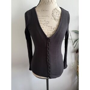 Anthropologie Ribbed Button Front Long Sleeve Top V Neck Knit Shirt Medium